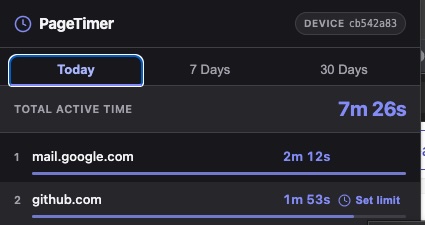 PageTimer showing a per-site limit in the list