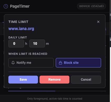 PageTimer time-limit configuration popup